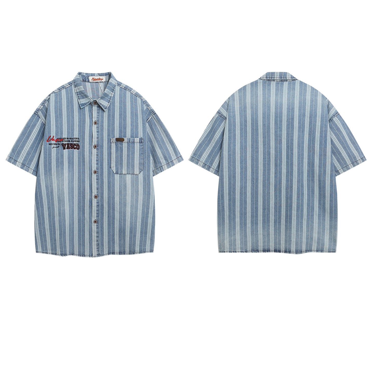 Retro Washed Letter Embroidered Striped Denim Shirt
