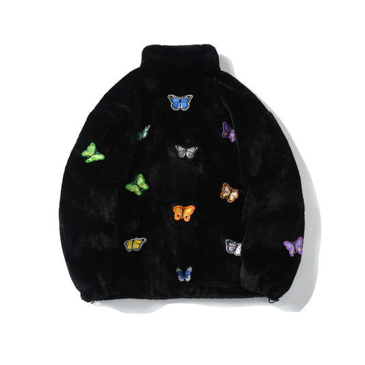 Personalized Butterfly Embroidered Furry Coat for Autumn/Winter
