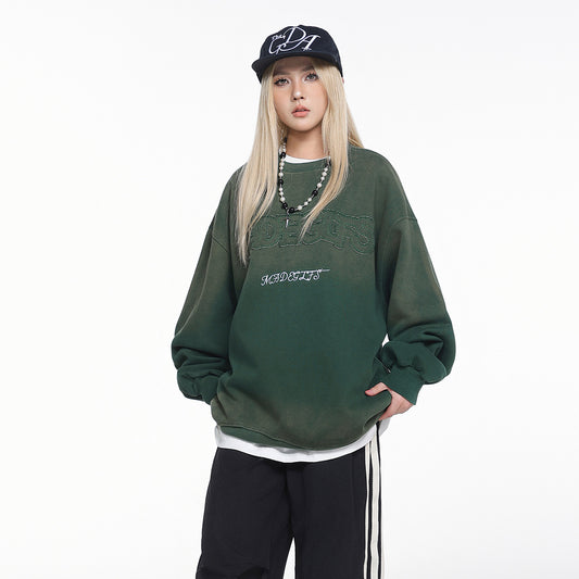 Washed Gradient Color Patchwork Embroidered Sports Sweatshirt