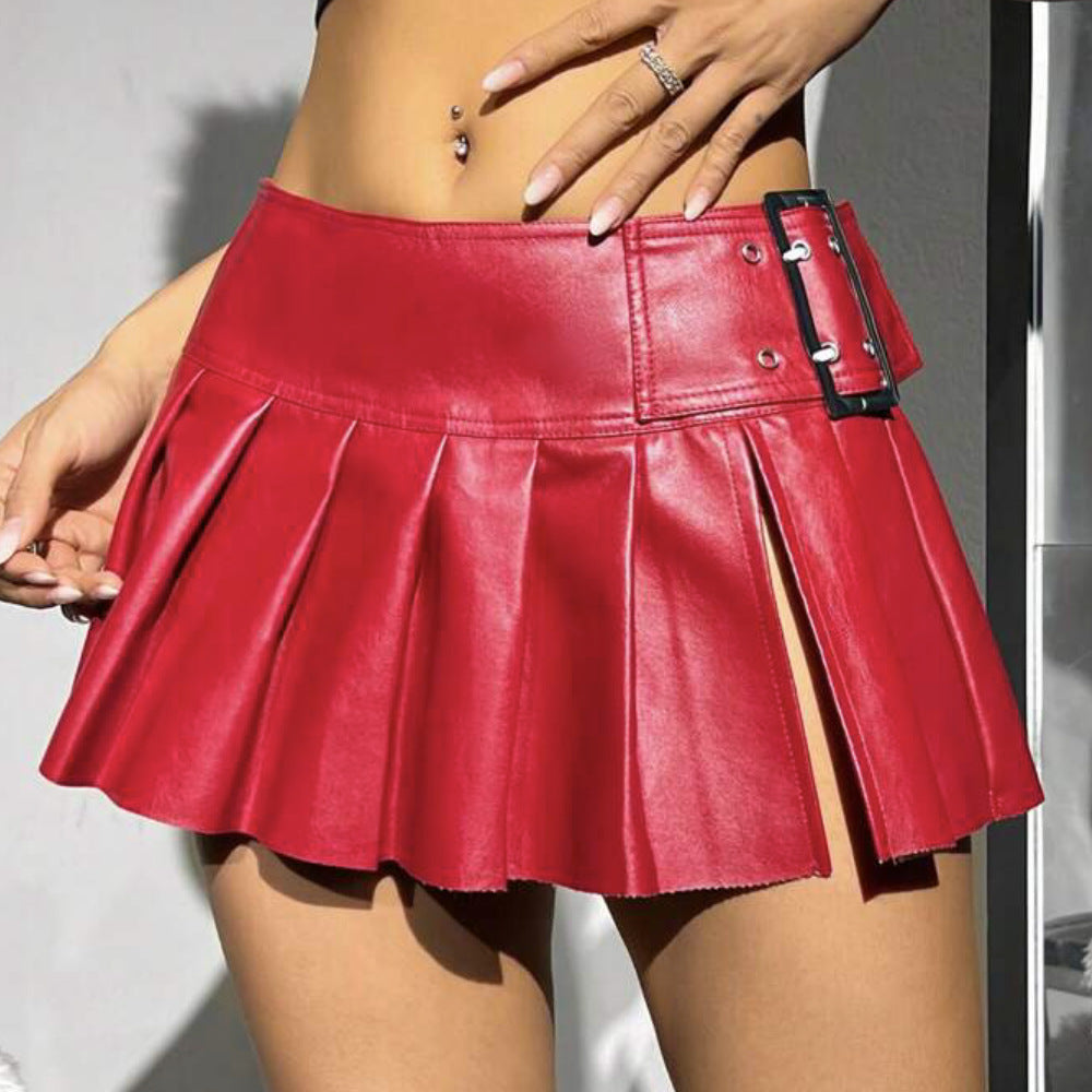 Waist-Cinching Slimming PU Leather Pleated A-Line Skirt