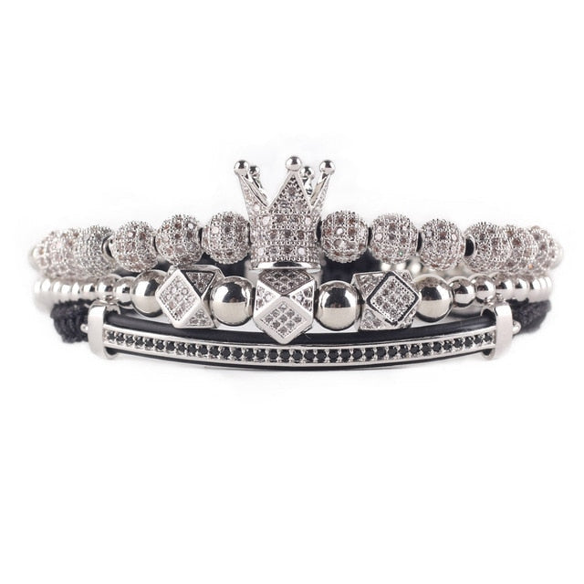 3pcs Luxury CZ Crown Charm Men’s Bracelets Set