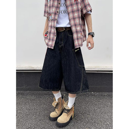 Retro Plaid Patchwork Denim Cropped Pants for Men