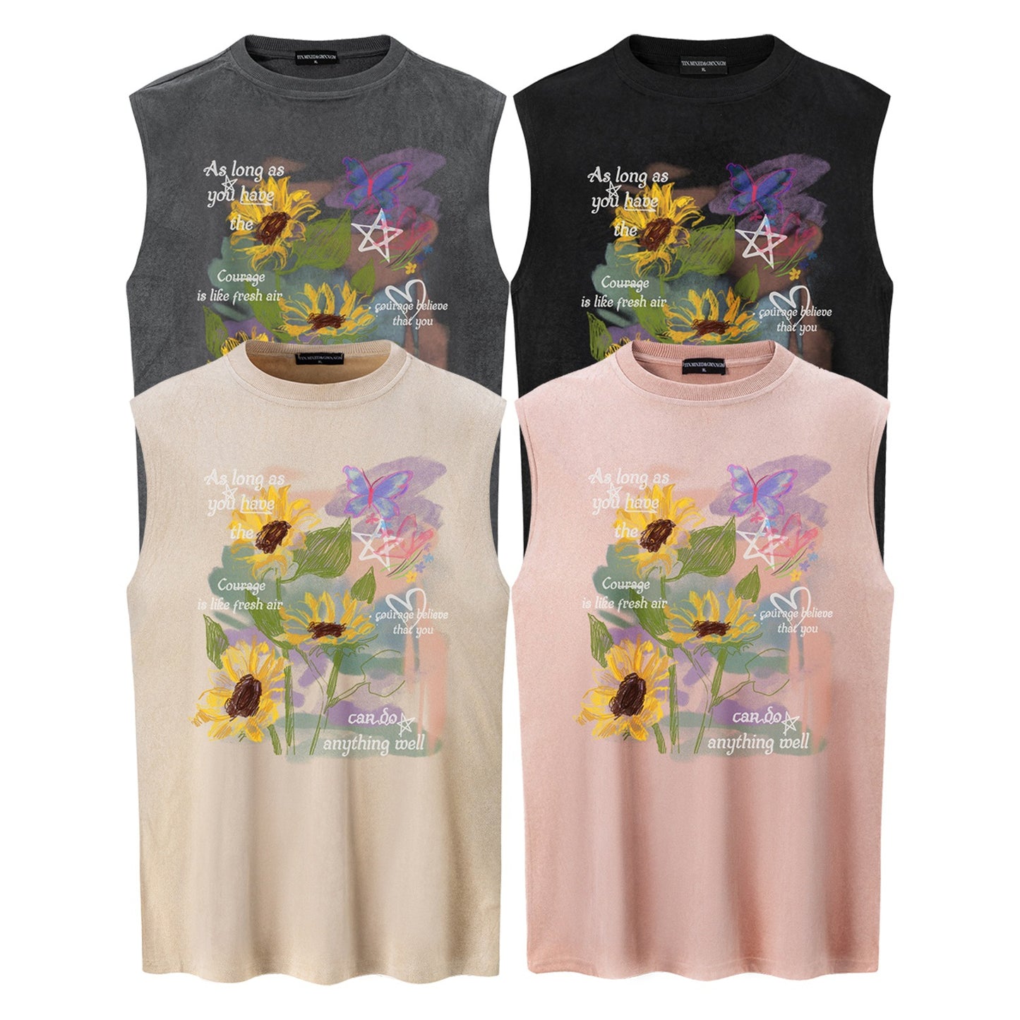 Sunflower Printed Vest — Vintage Cotton Blend Loose Fit Harajuku Style