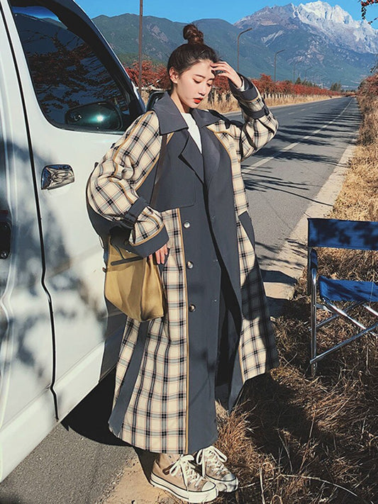 Retro Plaid Over The Knee Windbreaker Coat for Women