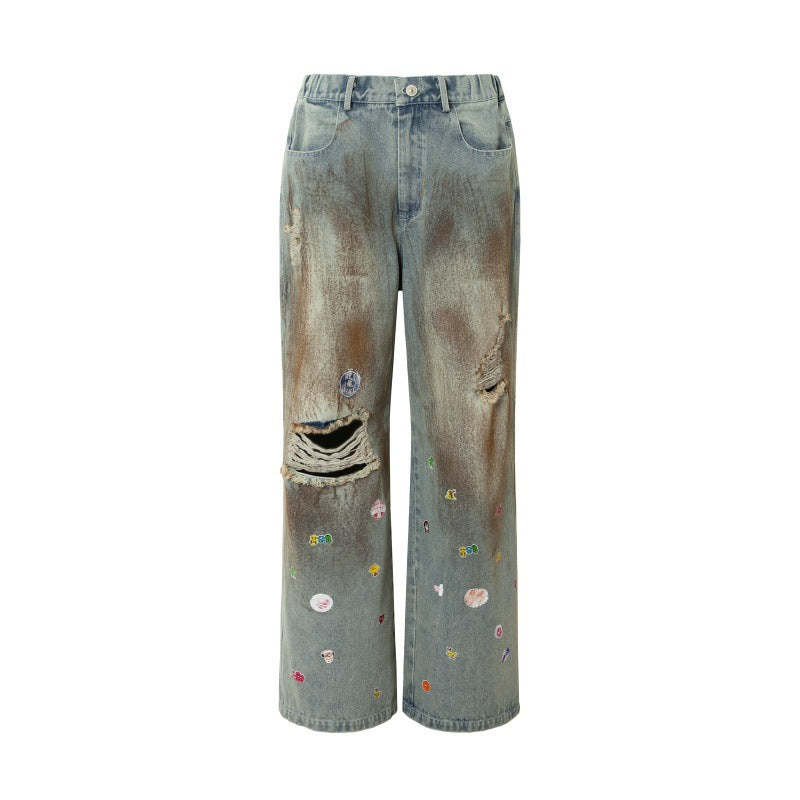 Vintage Distressed Splashed Ink Ripped Jeans