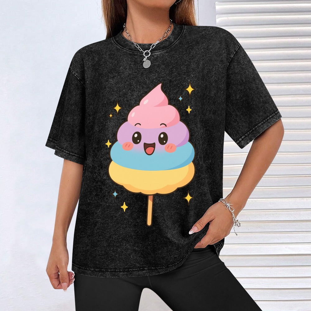 Kawaii Cotton Candy Hot Vintage Wash Off Shoulder T-Shirt