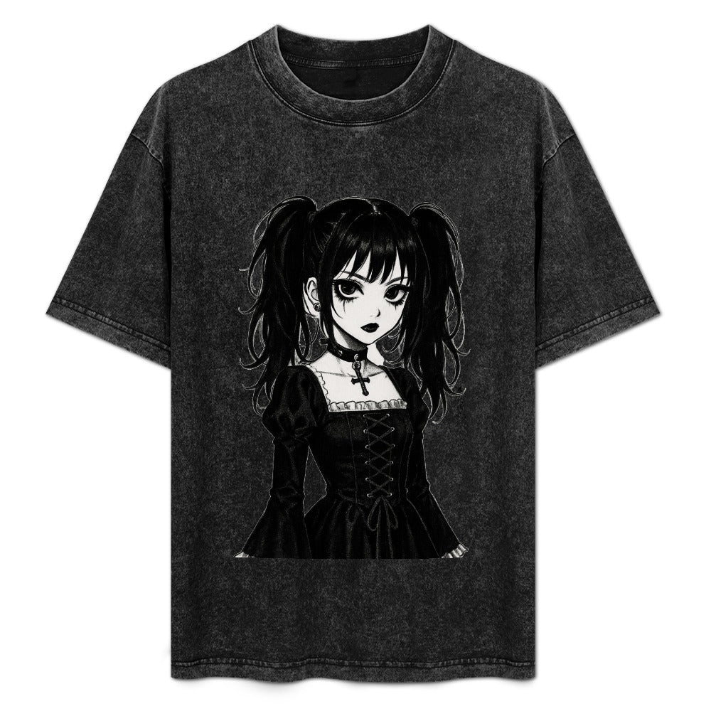 Goth Emo Harajuku Girl Vintage Wash Off Shoulder Tee
