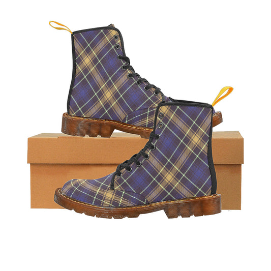Dark Blue Plaid Women's Lace Up Canvas Boots