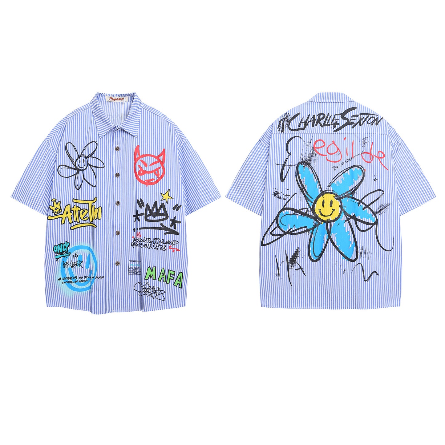 Style Striped Hand-Painted Cartoon Shirt for Men