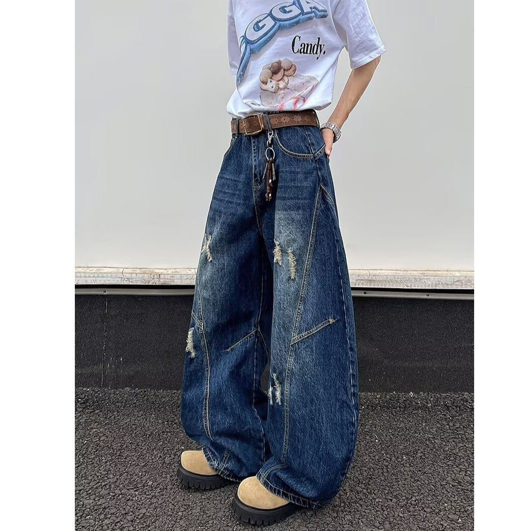 Deep Blue Wide Leg Ripped Denim Knife Pants