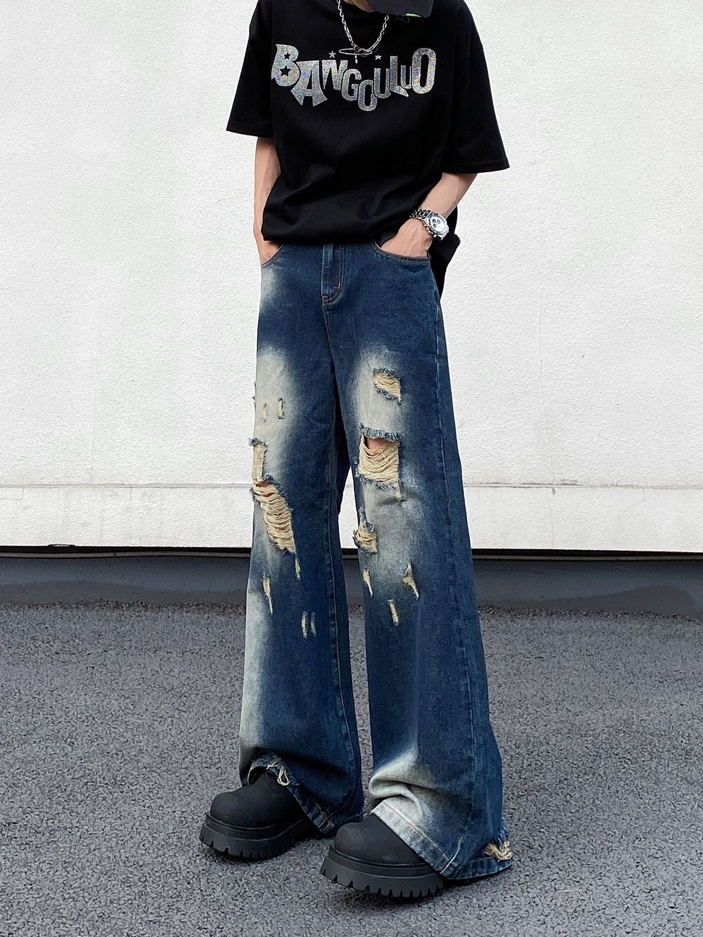Ripped Blue Denim Loose Straight Pants - Harajuku Style