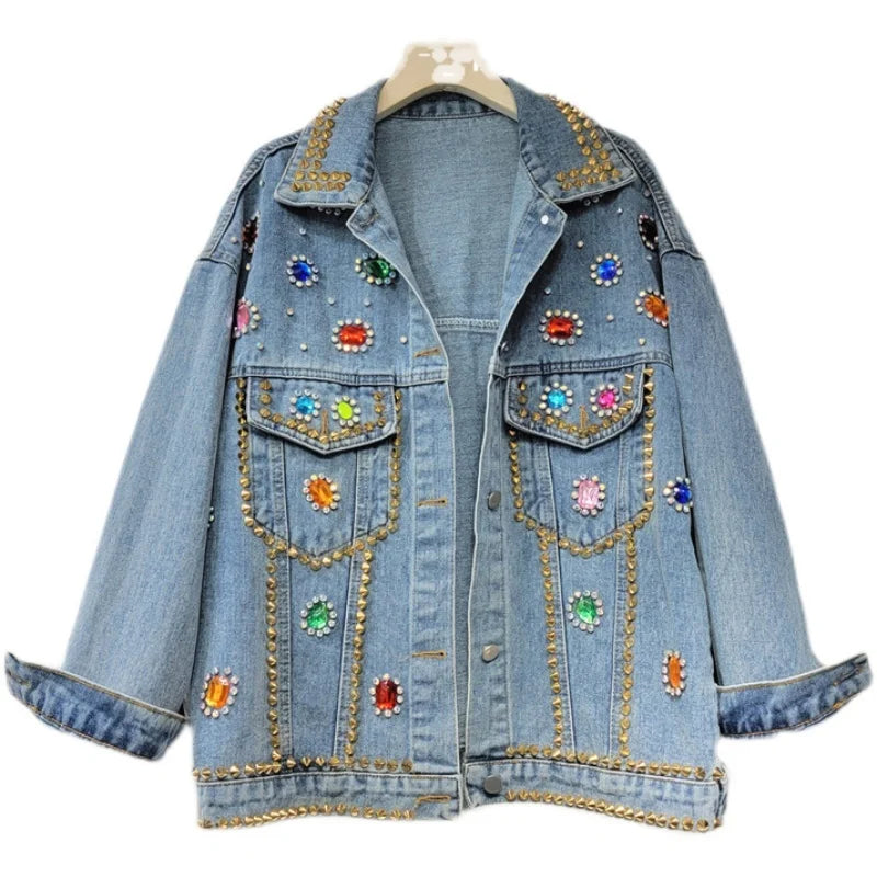 Colorful Beaded Denim Jacket - Harajuku Style
