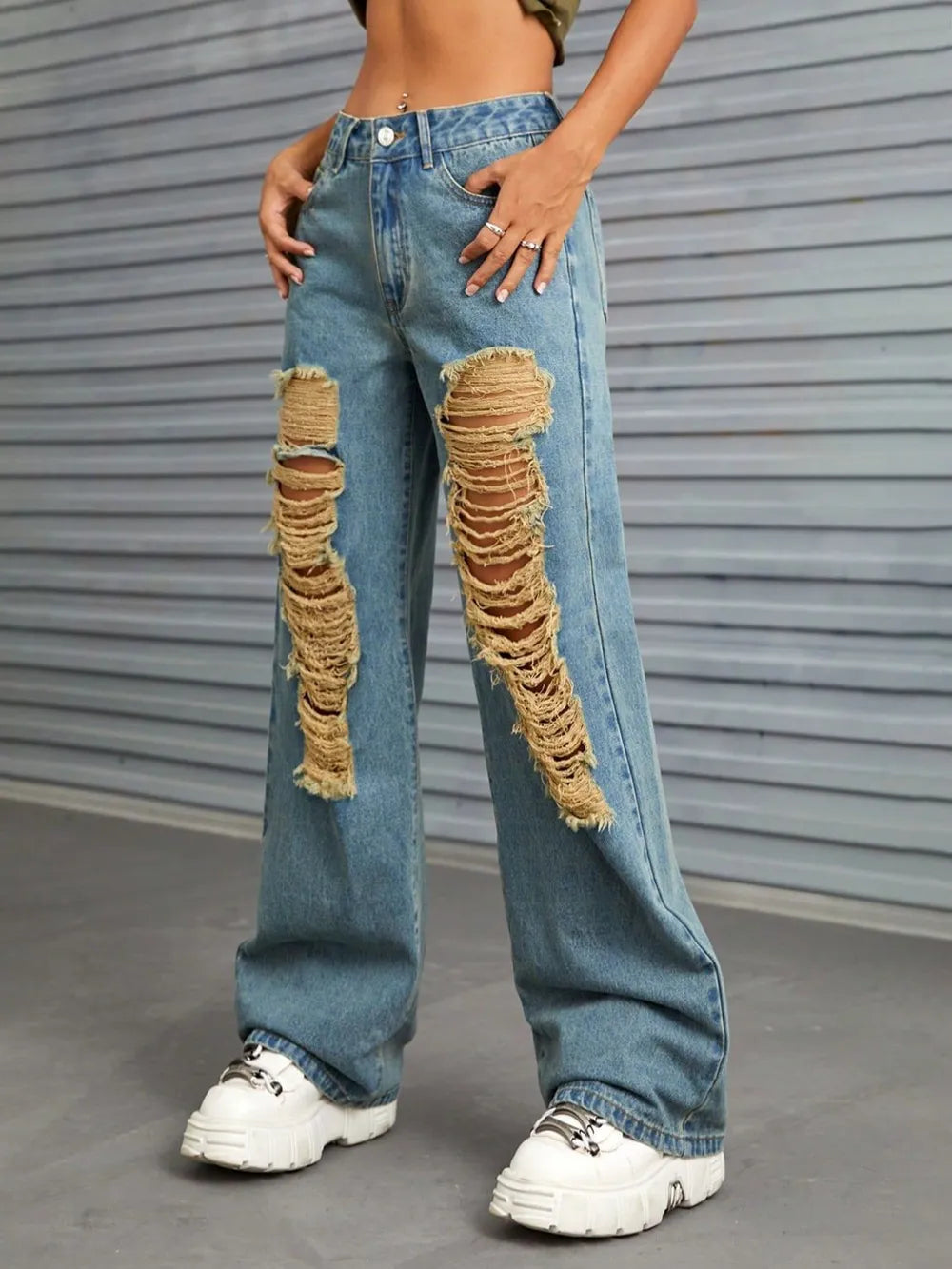 Distressed Wide Leg Jeans with Pockets - Harajuku Style