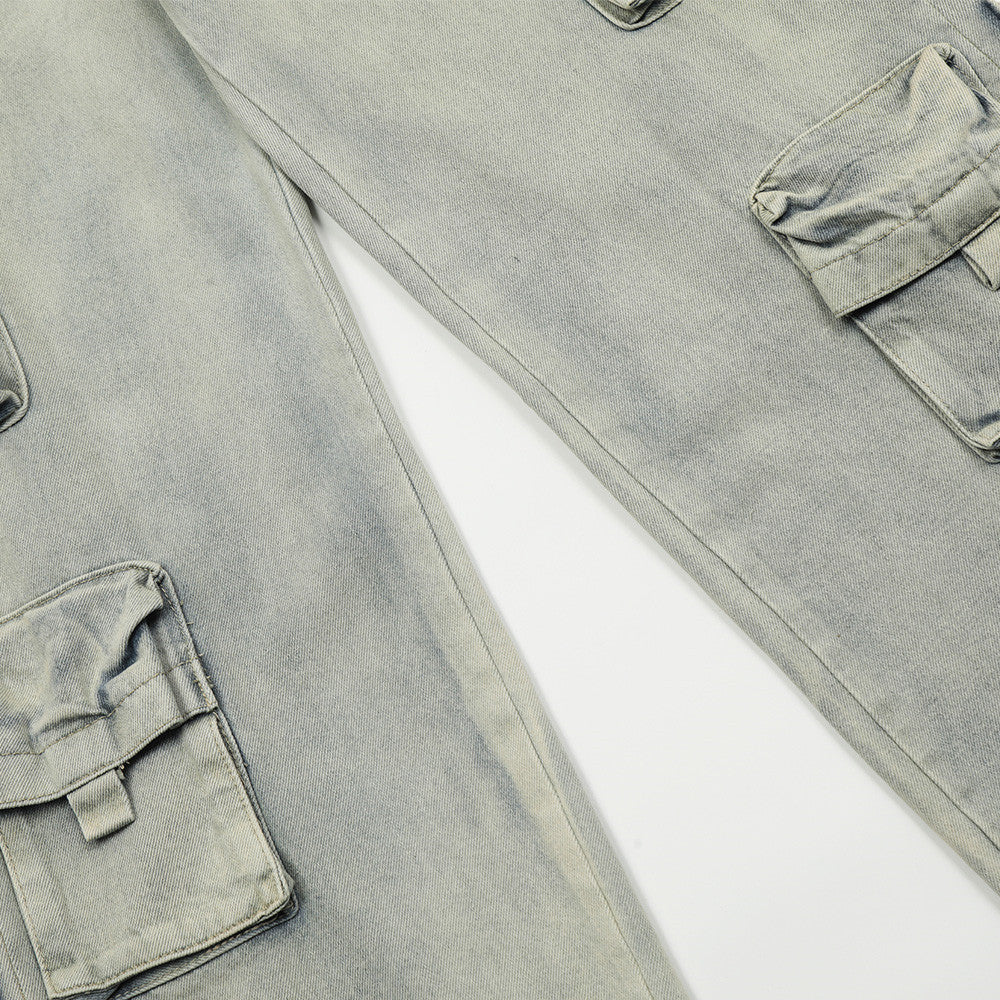 Retro Punk Washed Faded Denim Trousers for Men