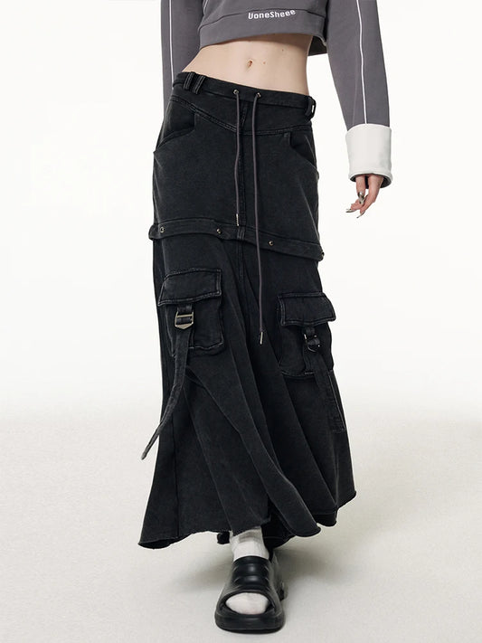 Y2K Vintage Black Denim Pocket Skirt for Women