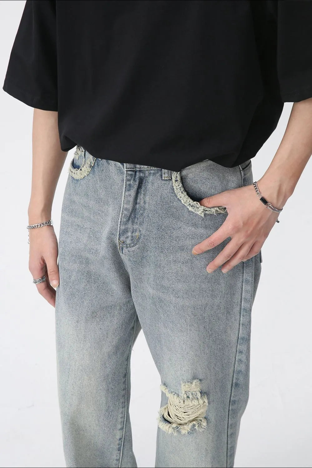 Distressed Mid Rise Men's Jeans - Harajuku Style