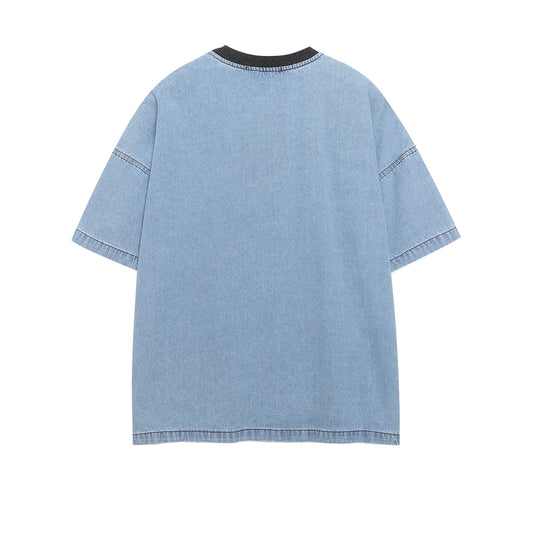 Washed Color Block Letter Patch Embroidery Denim T-Shirt