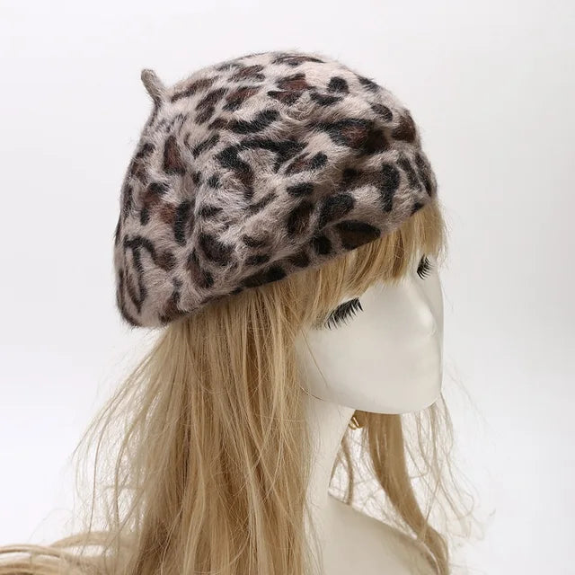 Leopard Print Rabbit Fur Beret - Playful Harajuku Hat