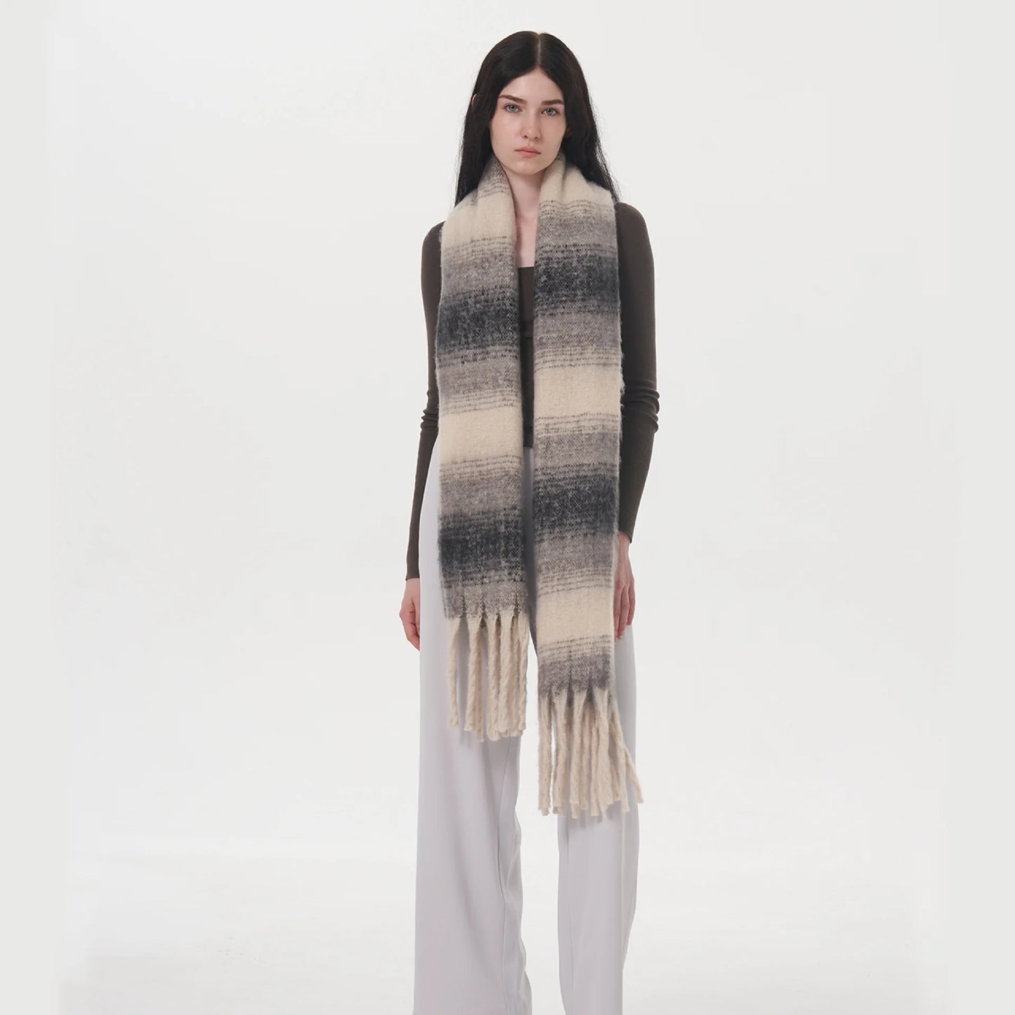 Gradient Color Block Cashmere Scarf with Tassels