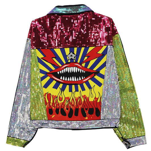 Harajuku Style Sequined Denim Jacket with Patchwork