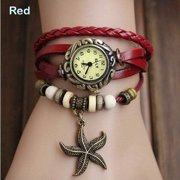 Lady Starfish Retro Bracelet Watch - Genuine Leather Wrap
