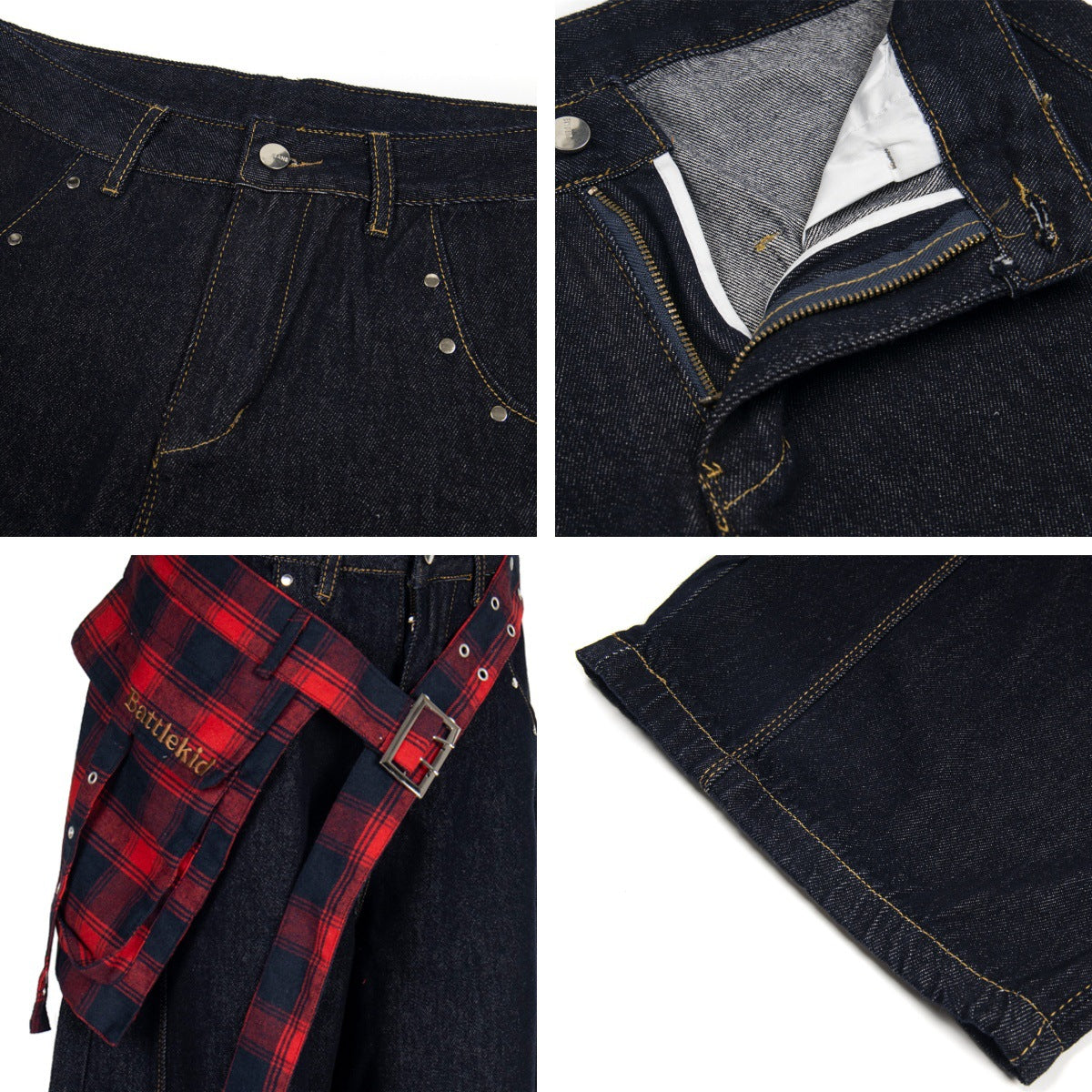 Checkered Patchwork Denim Wide Leg Pants