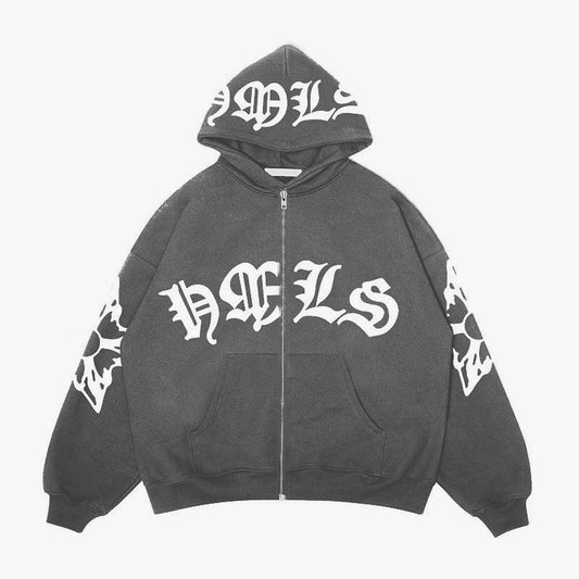 Gothic Letter Printed Oversized Zipper Hoodie