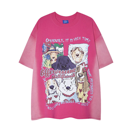 Playful Happy Dog Pattern Short Sleeve T-Shirt