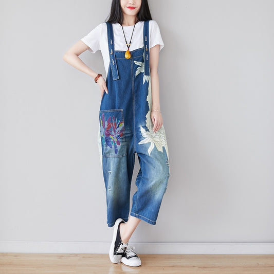Personality Splicing Jeans: Asymmetric Cropped Wide Leg Overalls