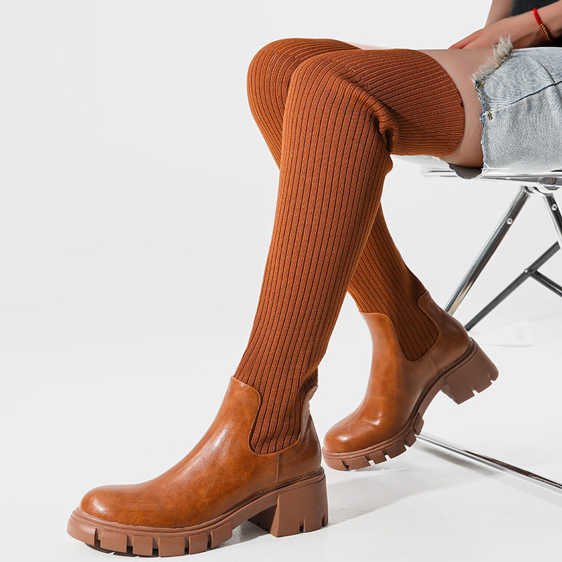 British Style Thick-Heeled Wool Over-The-Knee Boots