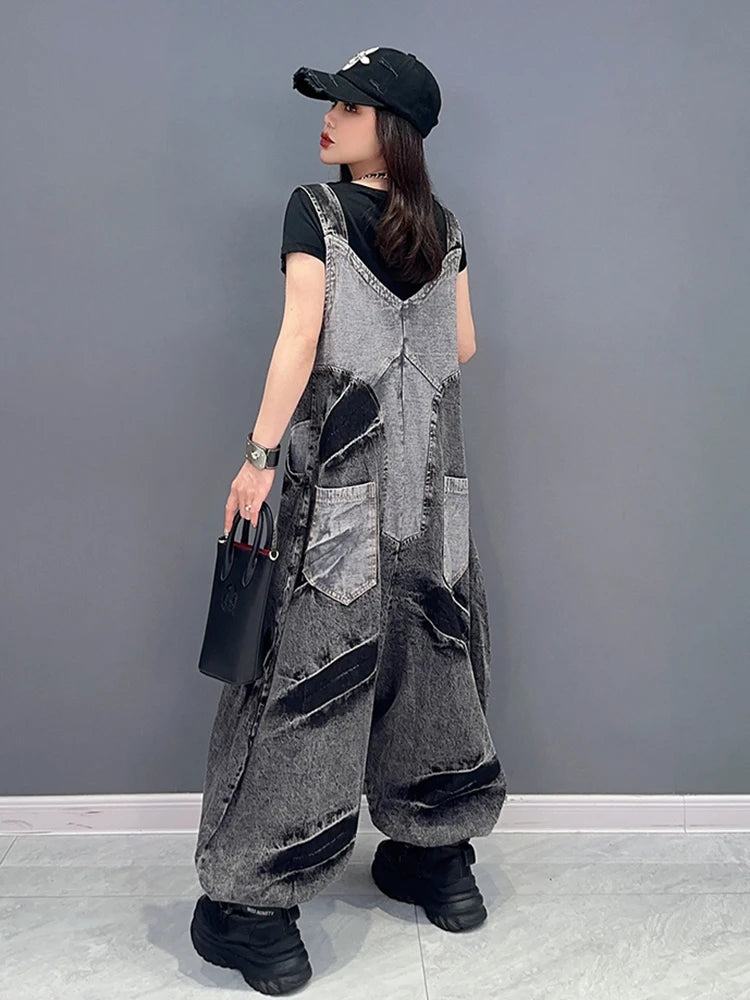 Playful Denim Patchwork V-Neck Jumpsuit for Women