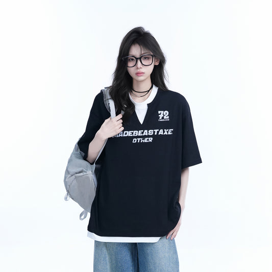 Contrasting Splicing Short Sleeved T-Shirt for Women