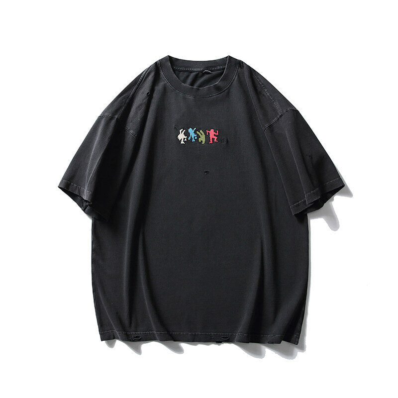 Harajuku Style Embroidered Round Neck Short Sleeved Shirt