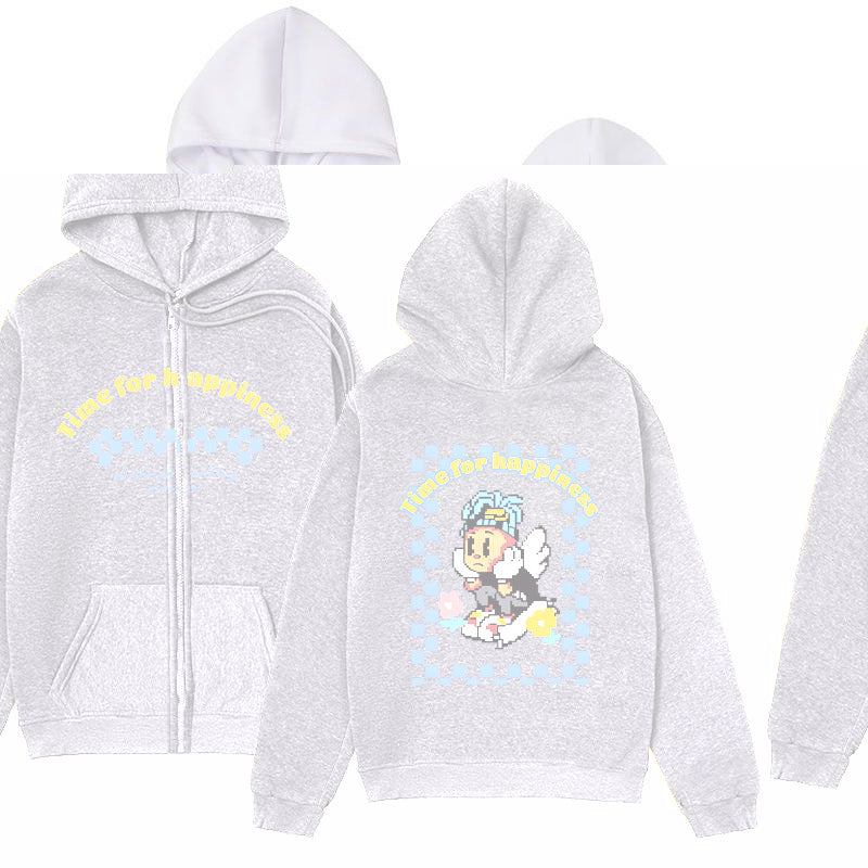 Playful Melancholic Child Print Zip-Up Hoodie