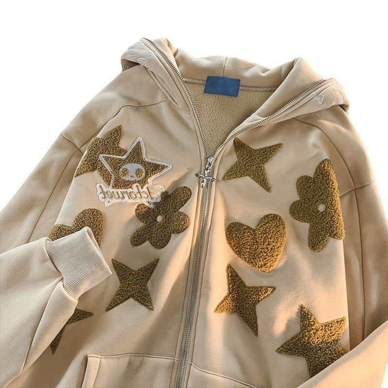 Harajuku Style Velvet Letter Embroidery Hoodie Cardigan