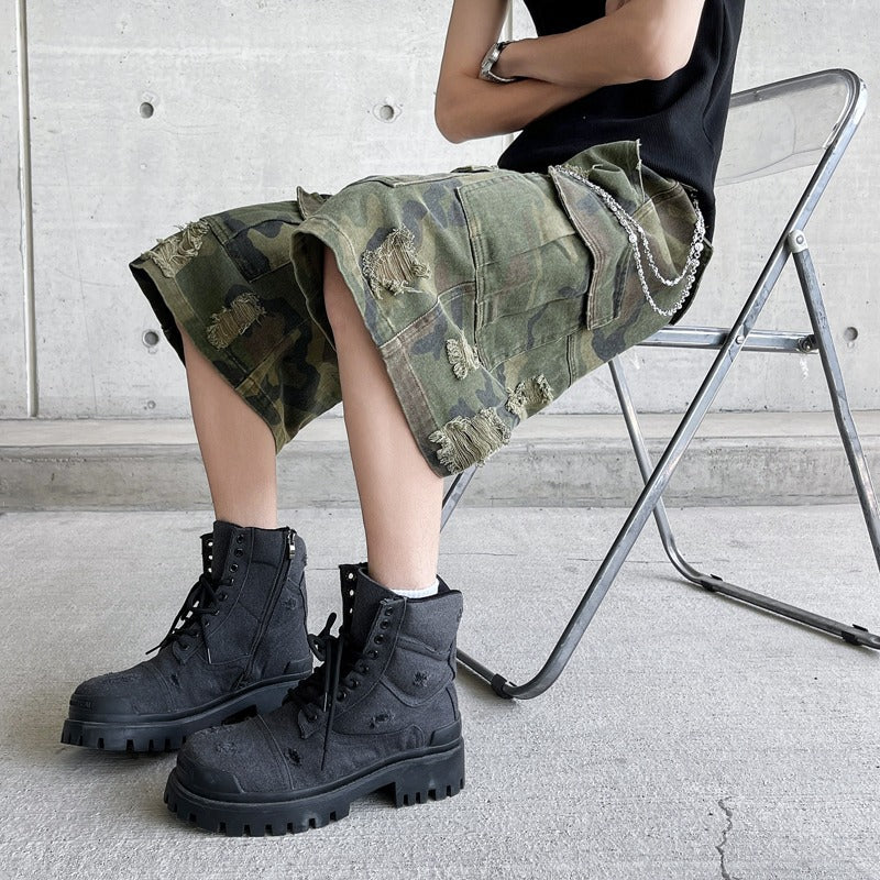 Washed Pocket Workwear Camouflage Seven Quarter Casual Shorts