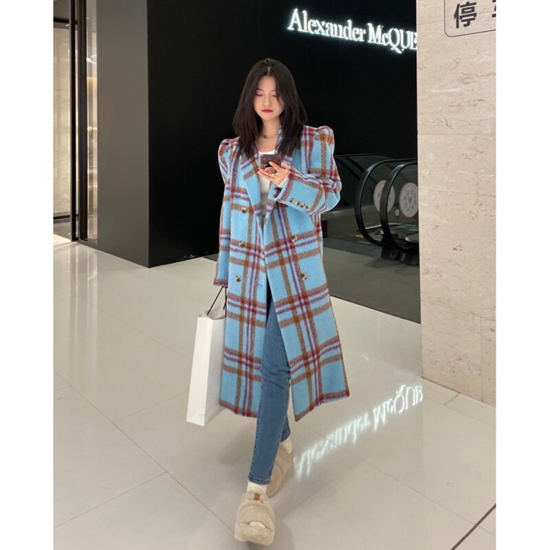 Vintage Blue Checked Loose Wool Coat with Puff Sleeves