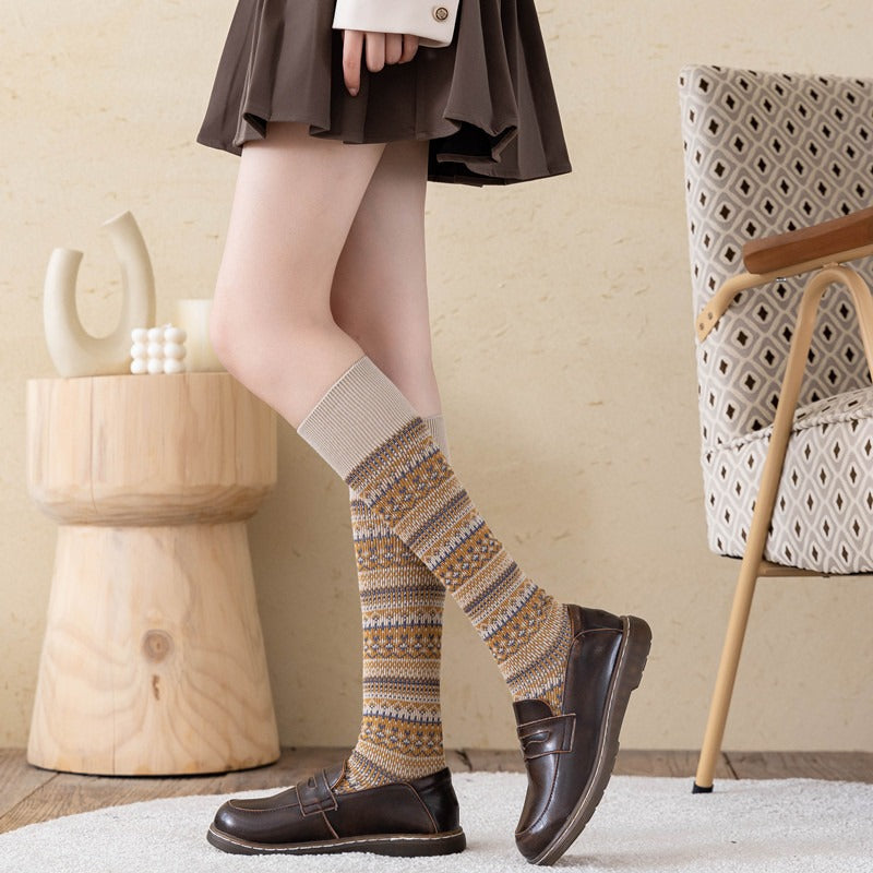 Women's Ethnic Style Knee Socks - Harajuku Striped Cotton
