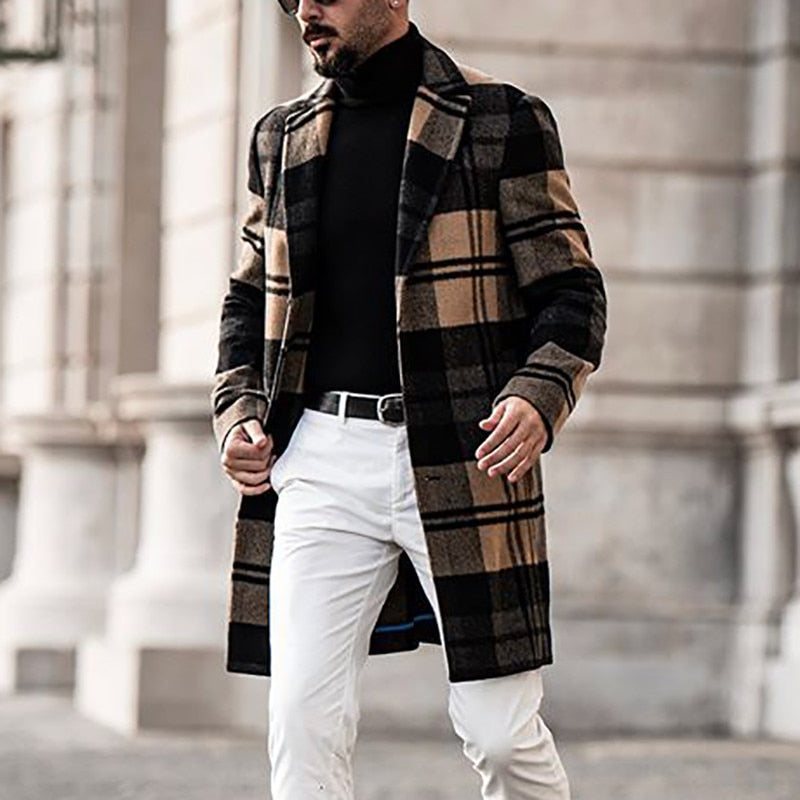 Harajuku Style Men's Plaid Woolen Coat