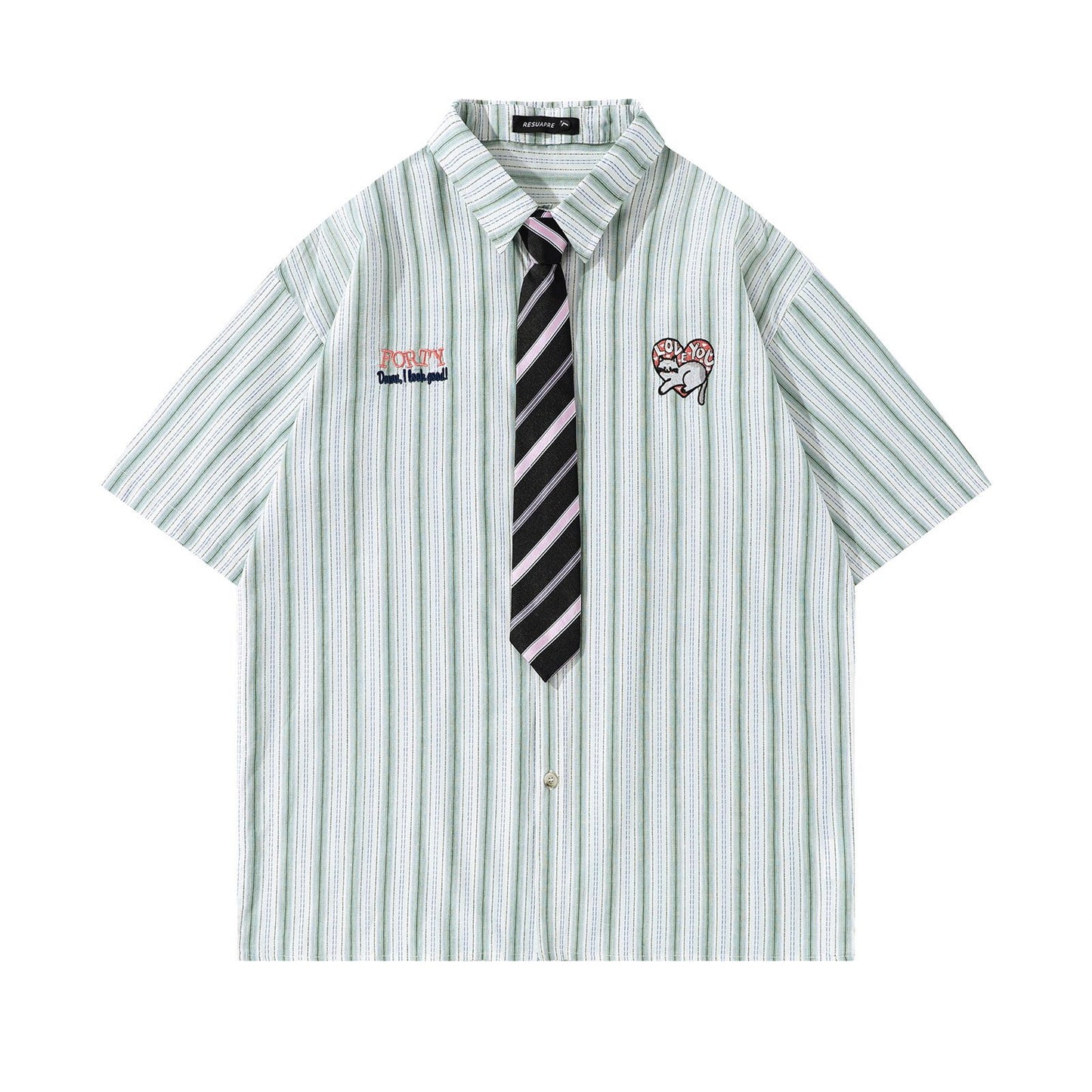 Retro Heart Cat Embroidery Casual Shirt