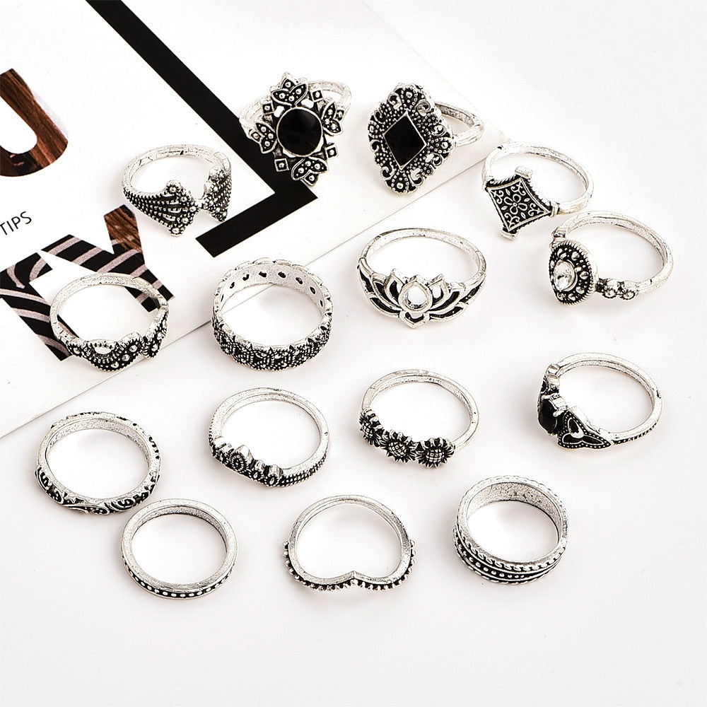 15 Pcs Bohemian Retro Crystal Flower & Leaf Silver Ring Set