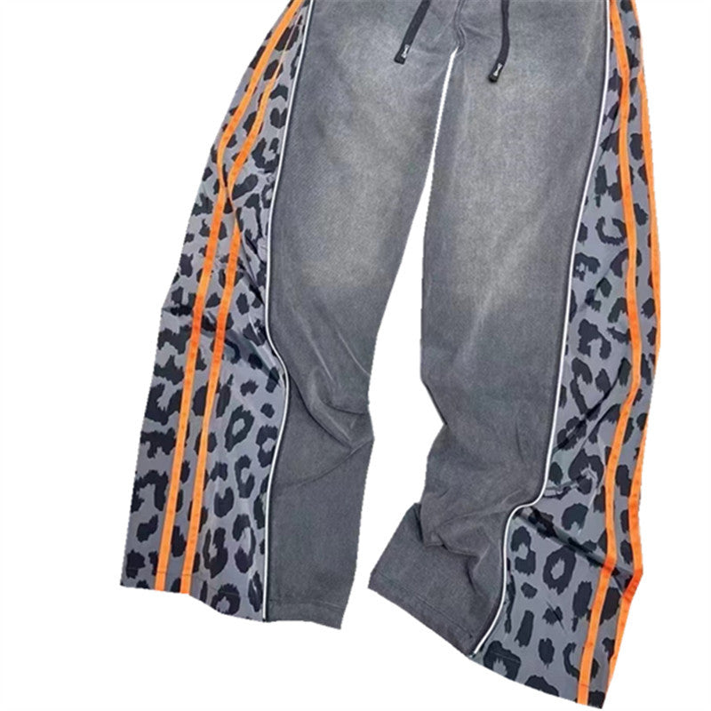 Personalized Leopard Print Splicing Denim Pants
