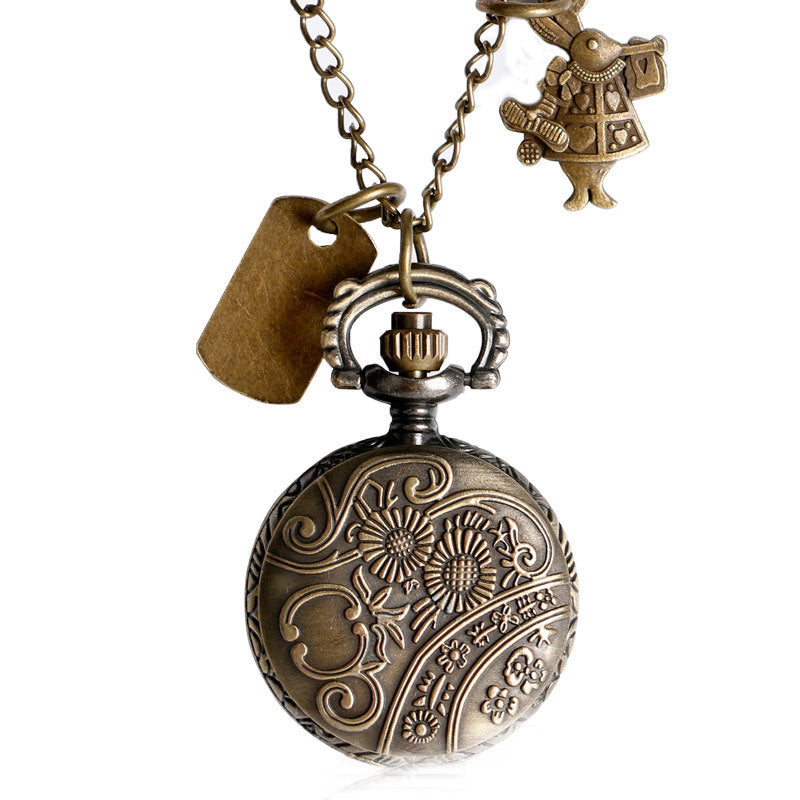 Vintage Hollow Petal Pocket Watch with Rabbit Pendant Tag