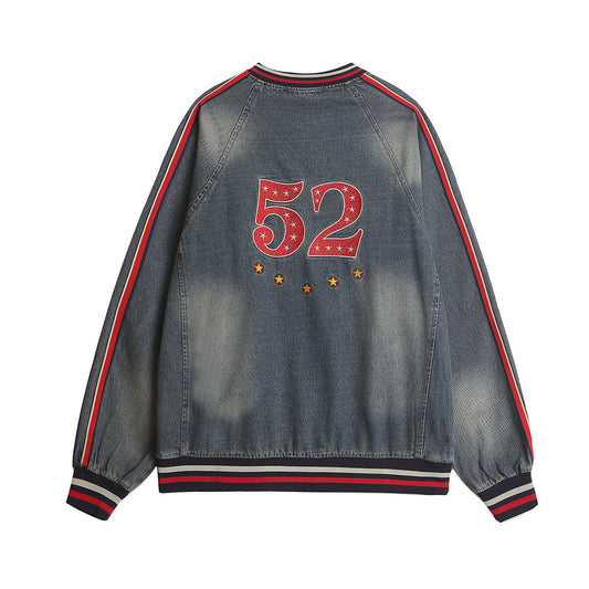 V-neck Baseball Jersey Washed Denim Sweatshirt