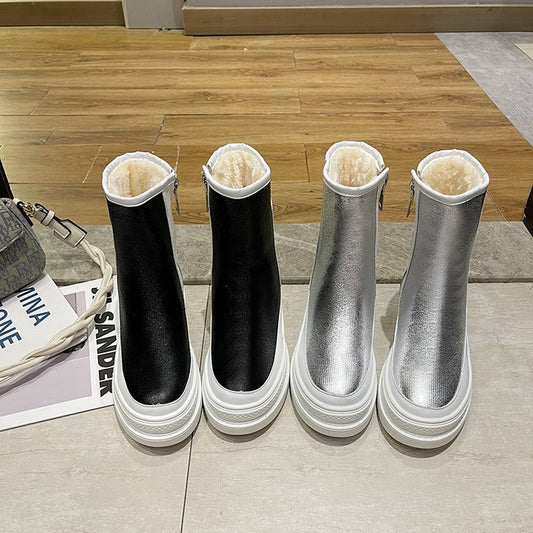 Warm Snow Boots Quality Leather Medium Heels Platform Black Silver Real Fur Dress Casual