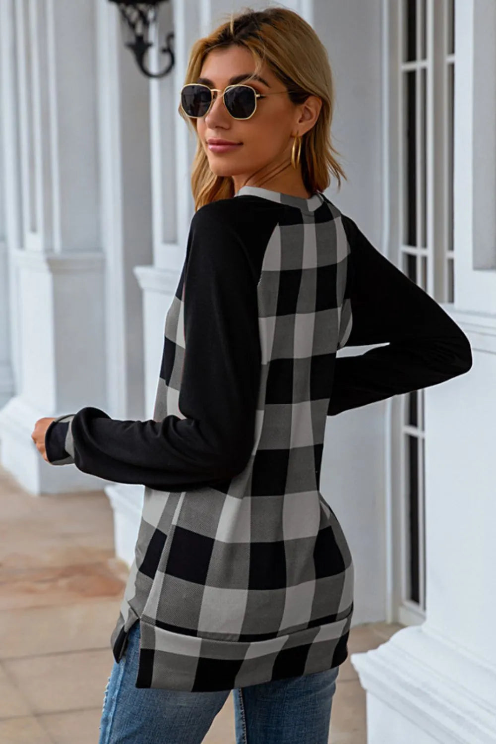 Harajuku Plaid Round Neck Long Sleeve T-Shirt