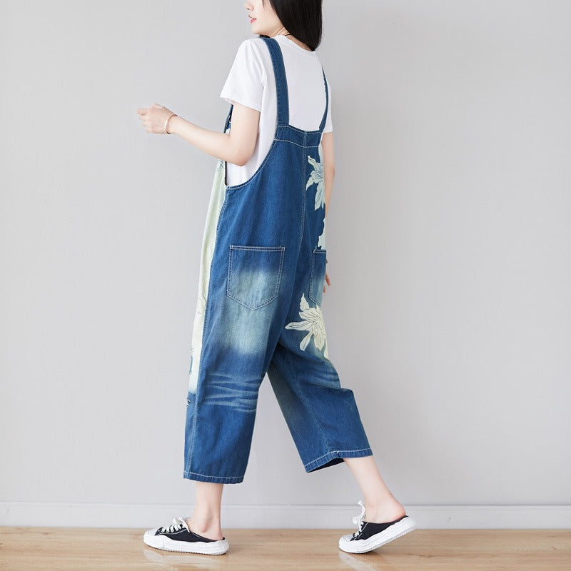 Personality Splicing Jeans: Asymmetric Cropped Wide Leg Overalls