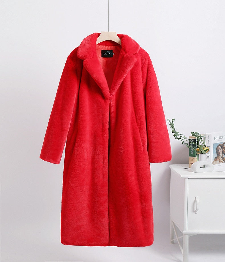 Mid-Length Mink Velvet Faux Fur Coat with Furry Collar