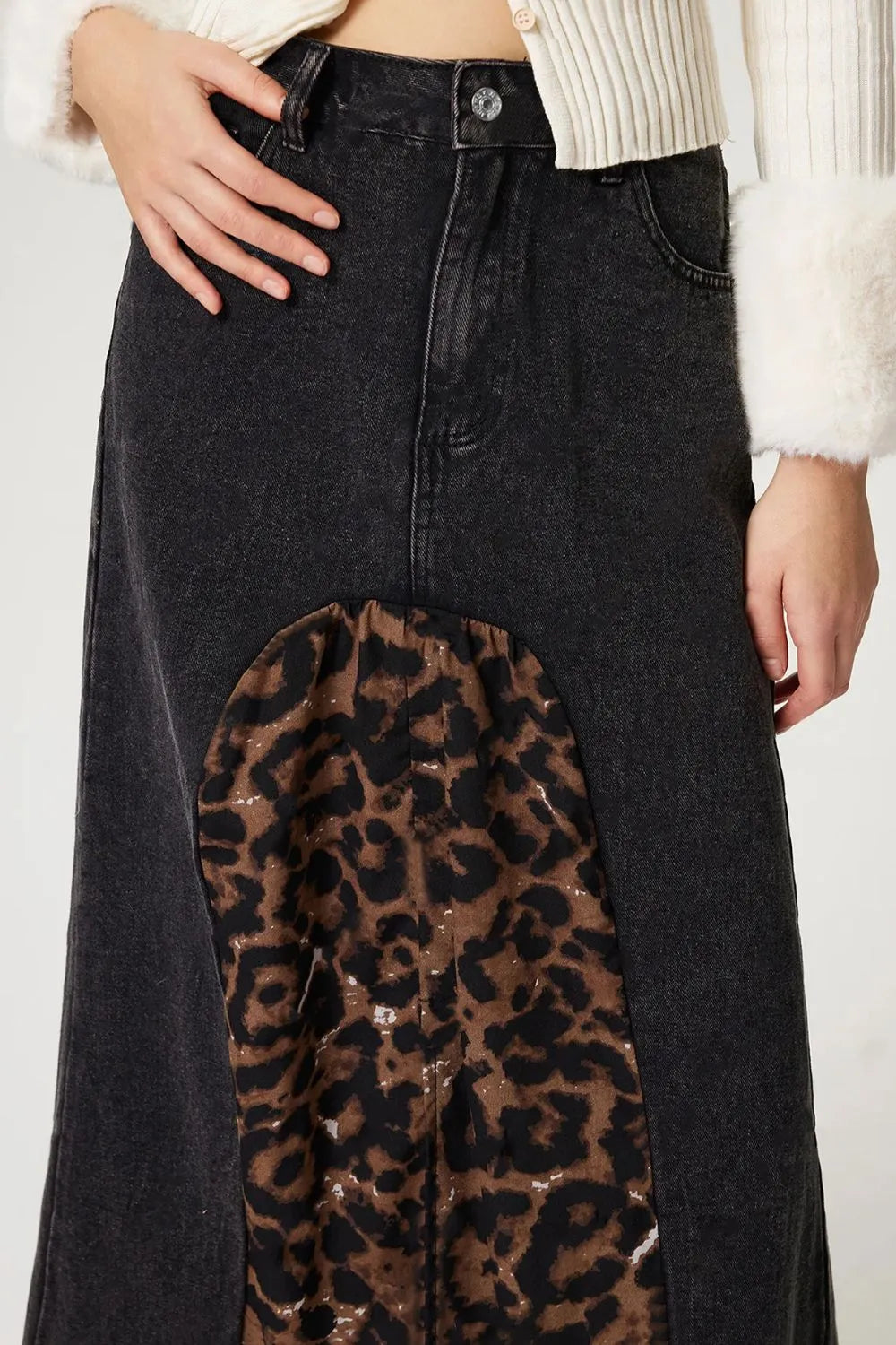 Versatile Leopard Print Denim Skirt - Harajuku Style