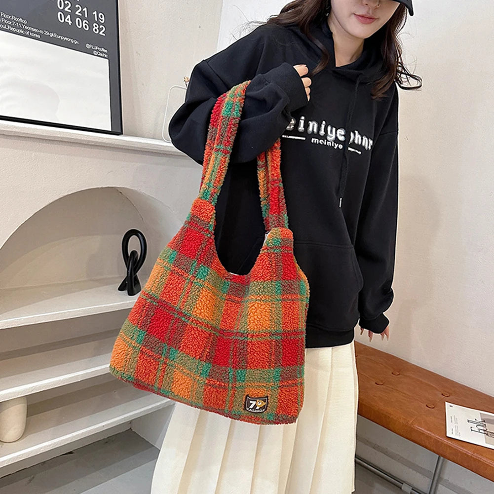 Harajuku Style Plush Lamb Wool Handbag - Vintage Tote